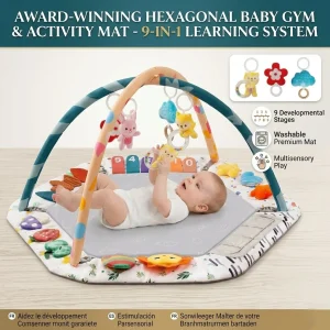 Large Baby Play Gym Mat with Sensory Toys 0-18 Months Tummy Time Activity Center with Rattles & Mirror Educational Infant Gift