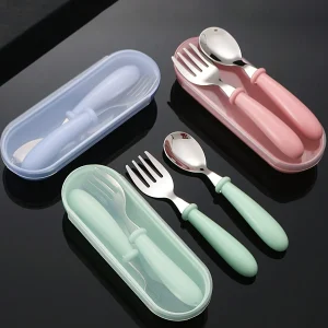 1set(3pcs) 304 Stainless Steel Spoon Fork Set With Box, Children Portable Utensils  Safe Round Handle Baby Feeding Cutlery,